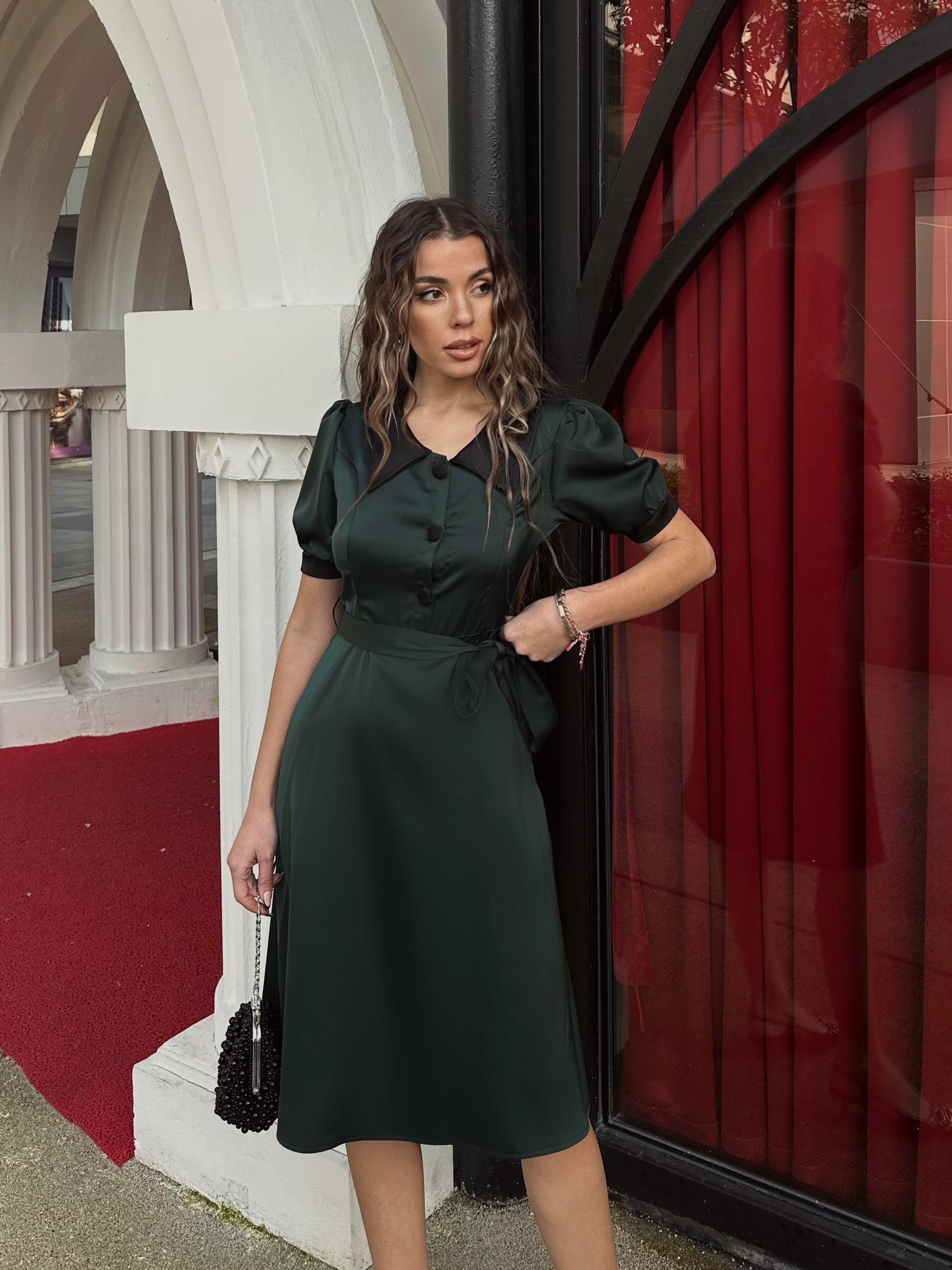 Maya Saten Bebe Yaka Düğmeli Midi Elbise | 