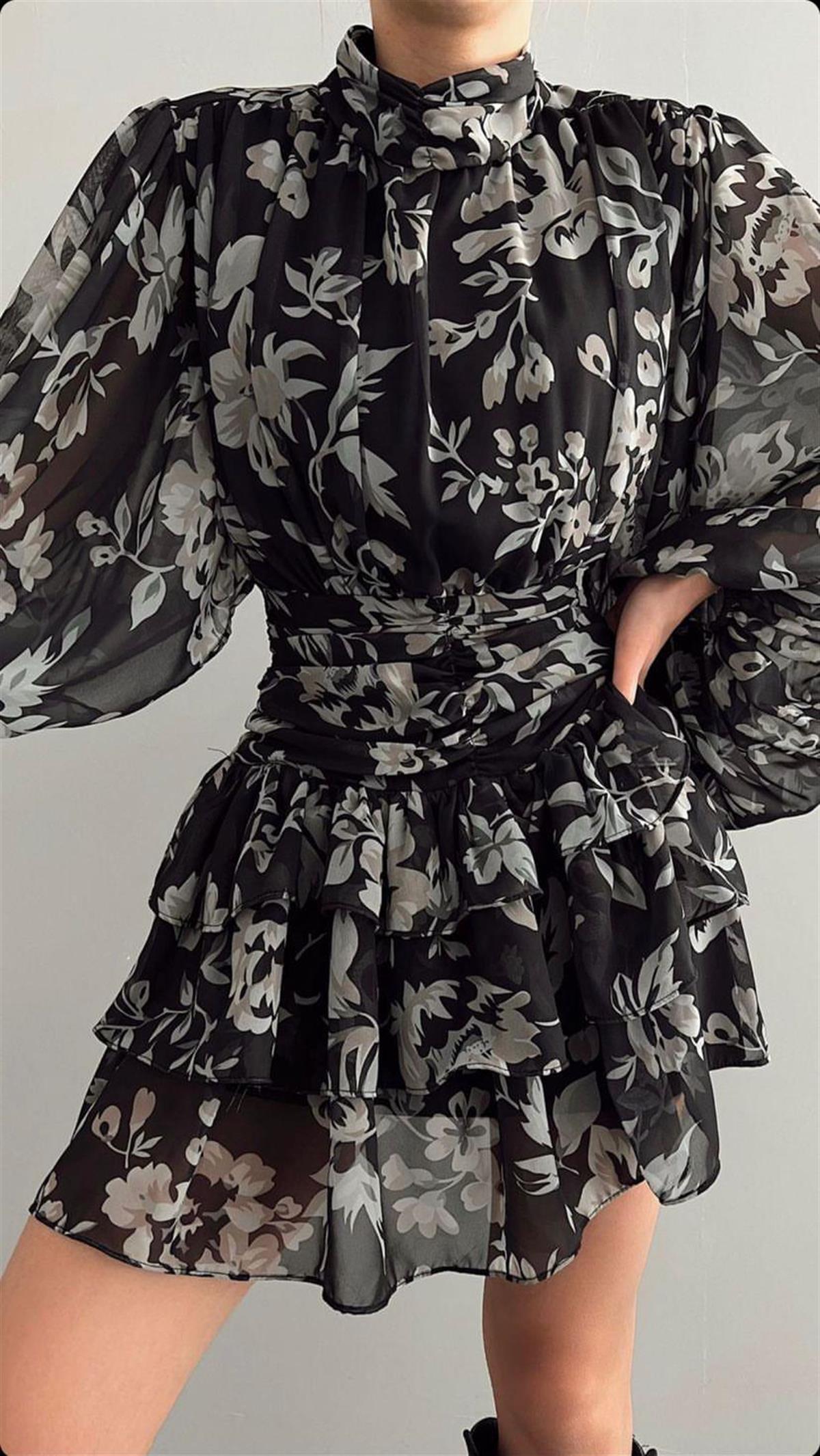 MELENİ ÇİÇEKLİ ŞİFON ELBİSE - SİYAH