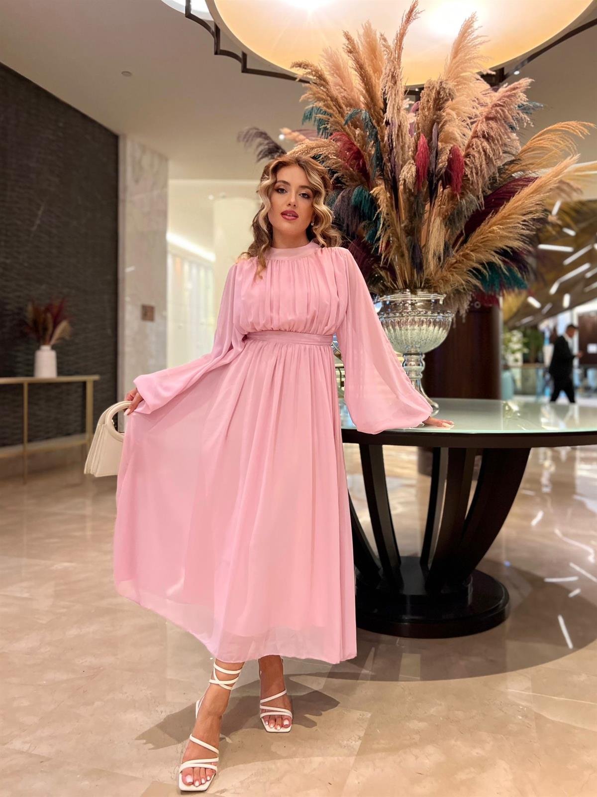 Melina Uzun Kollu Tül Elbise Pembe