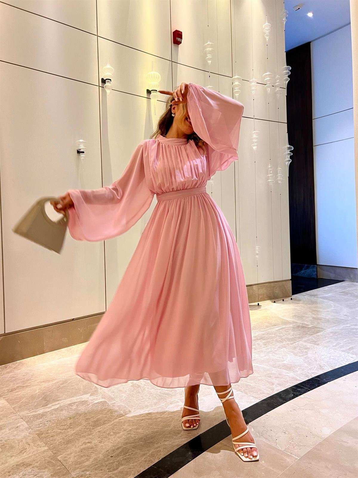 Melina Uzun Kollu Tül Elbise Pembe