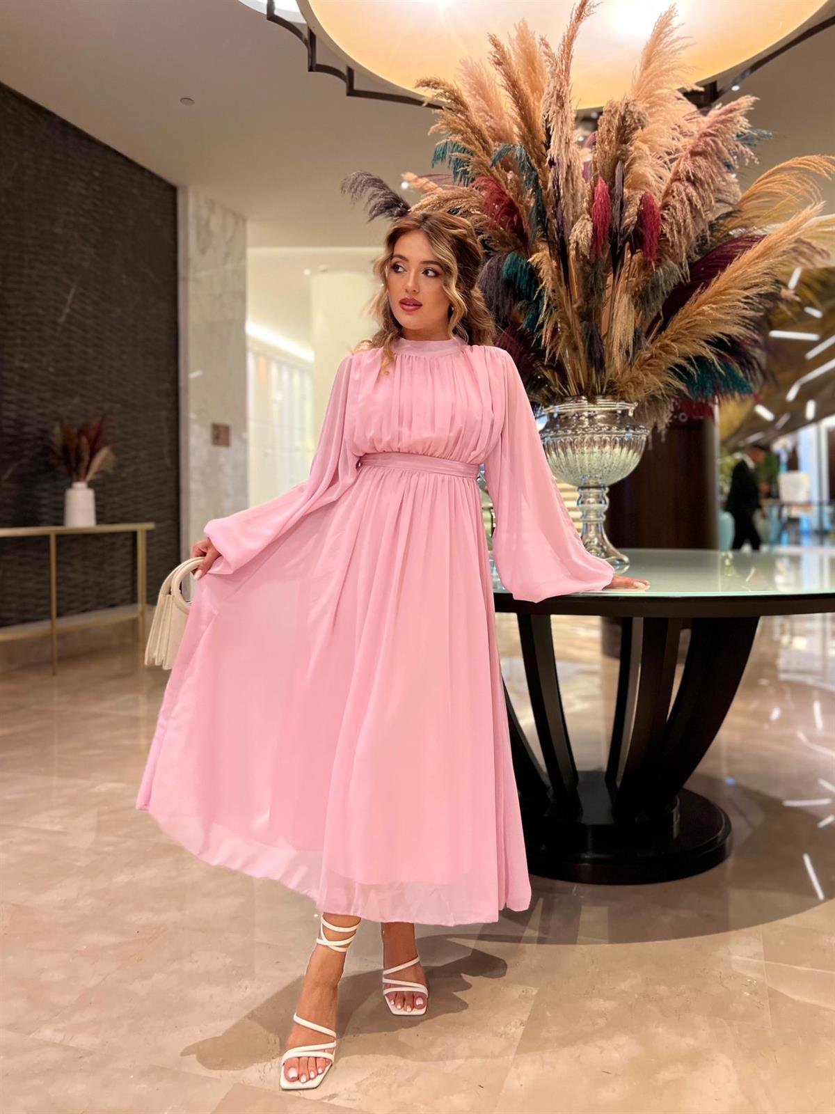 Melina Uzun Kollu Tül Elbise Pembe