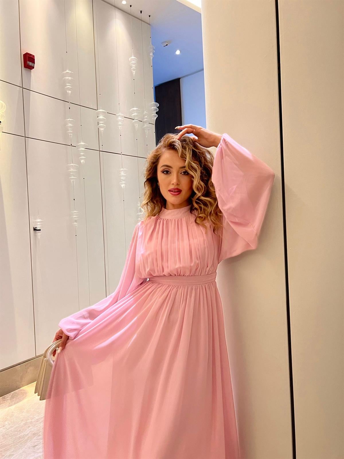 Melina Uzun Kollu Tül Elbise Pembe