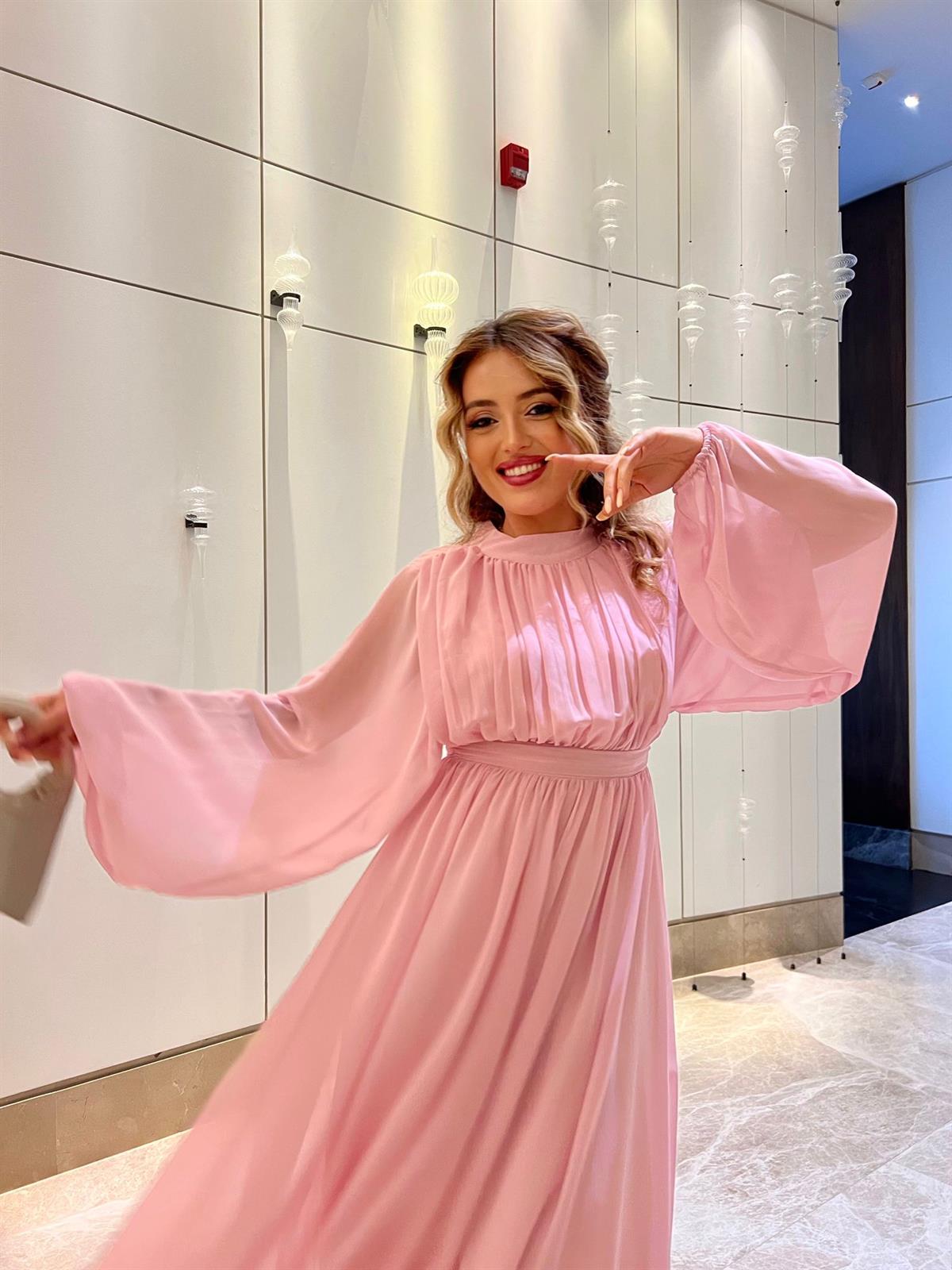 Melina Uzun Kollu Tül Elbise Pembe