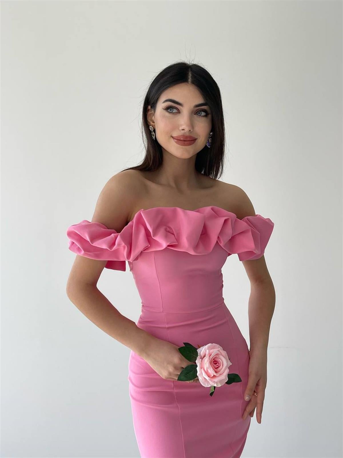 Midi Atlas Elbise Pembe 