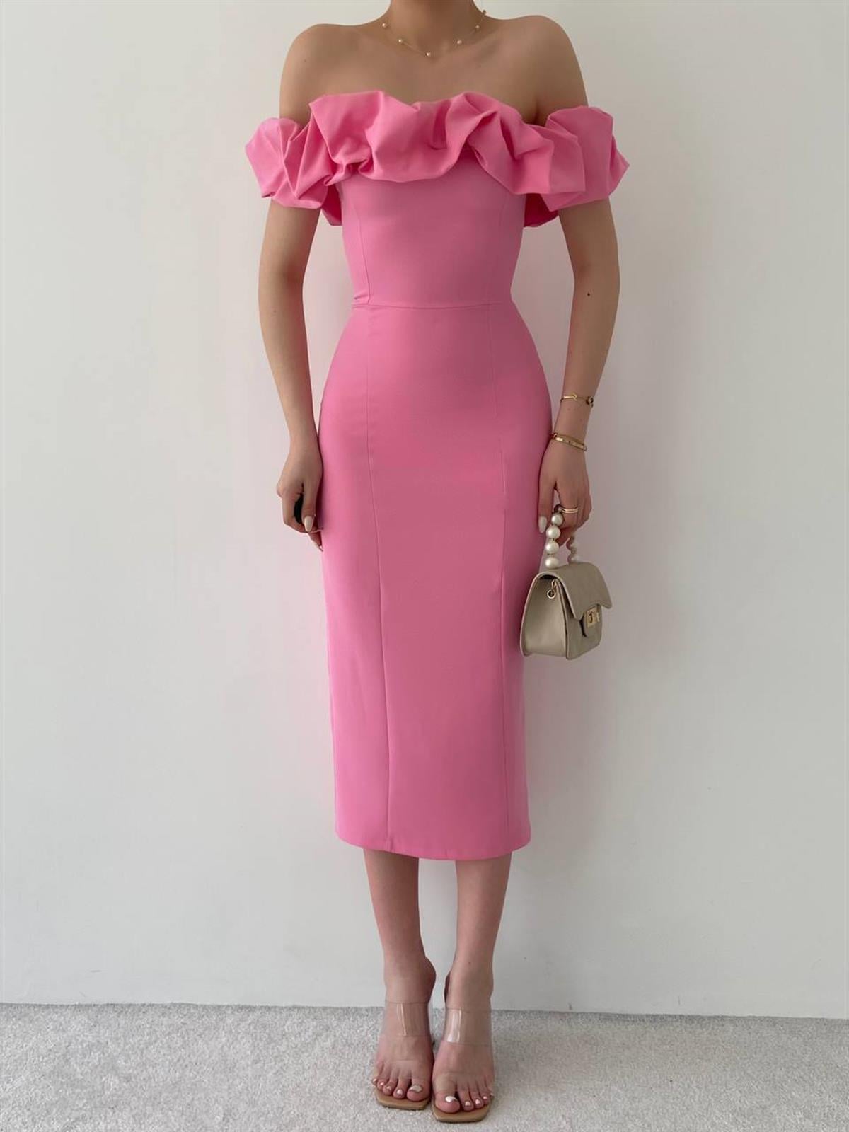 Midi Atlas Elbise Pembe 