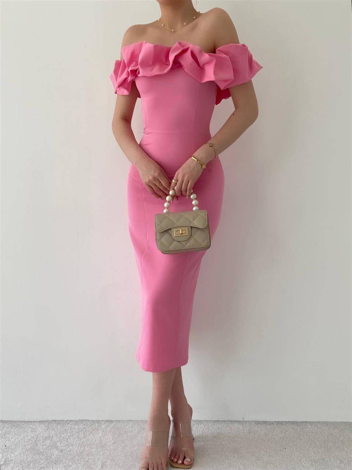Midi Atlas Elbise Pembe 