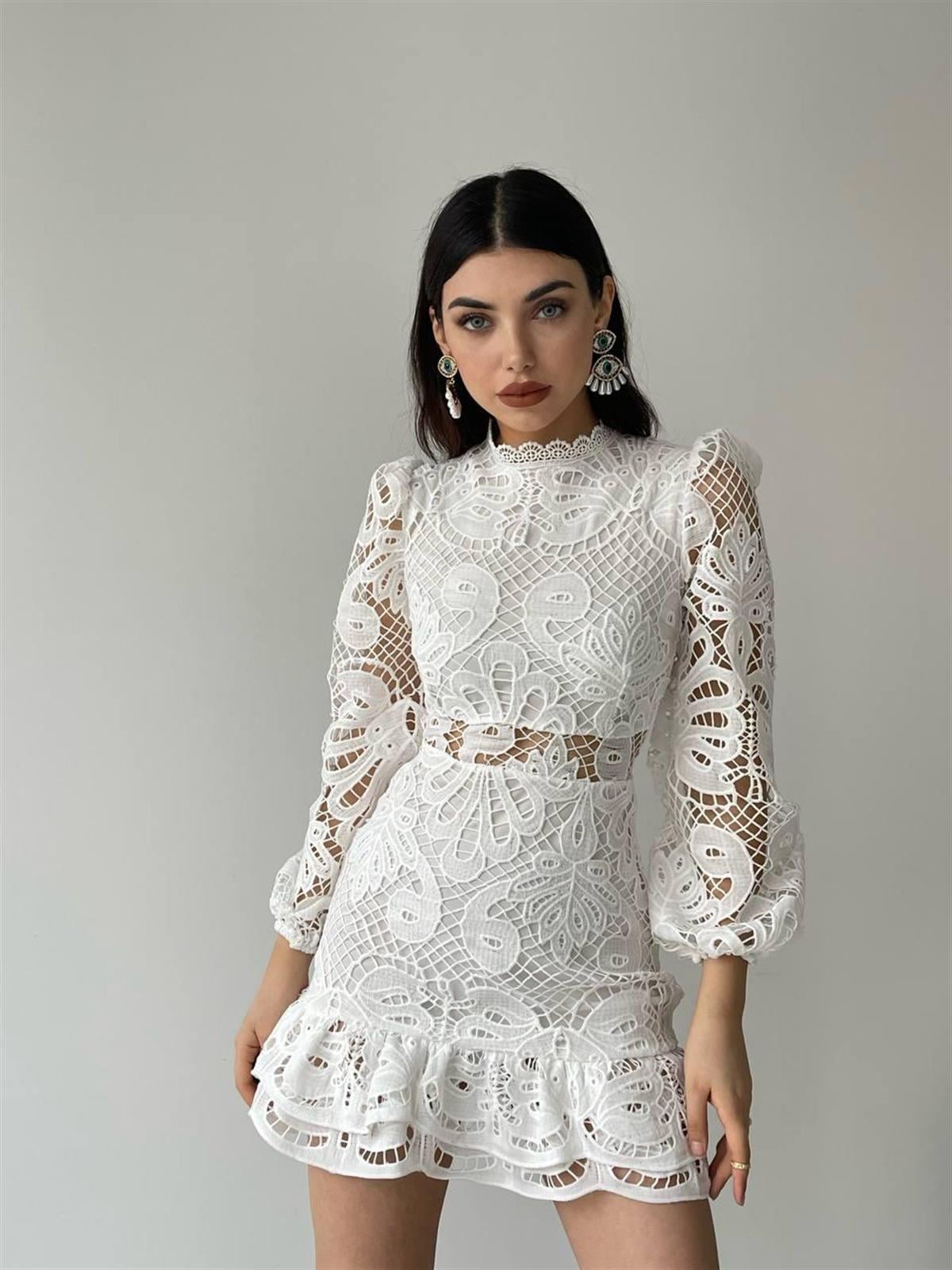 Nathalie Beyaz Dantel Elbise 