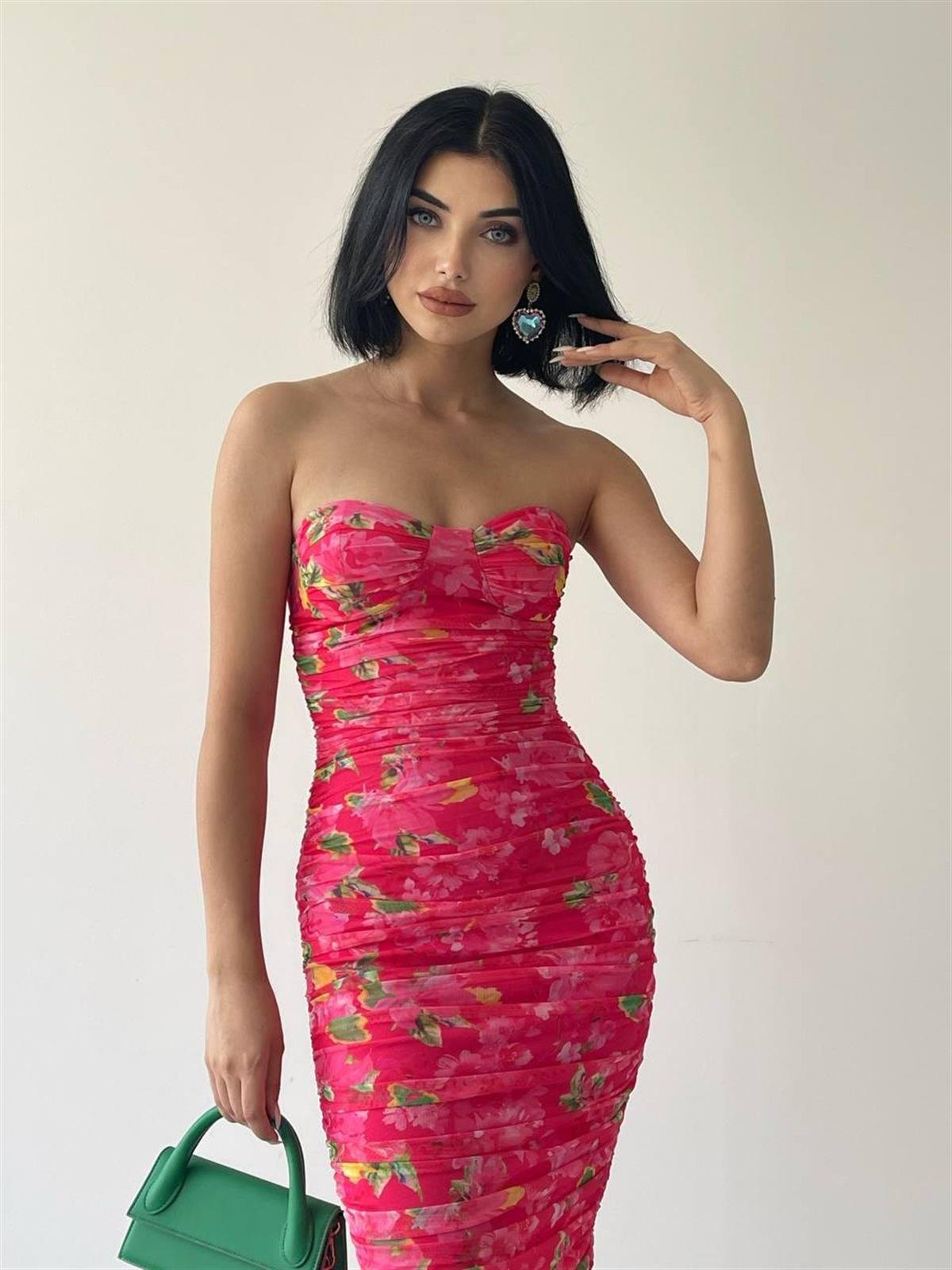 Nessa Strapez Pembe Streç Elbise 