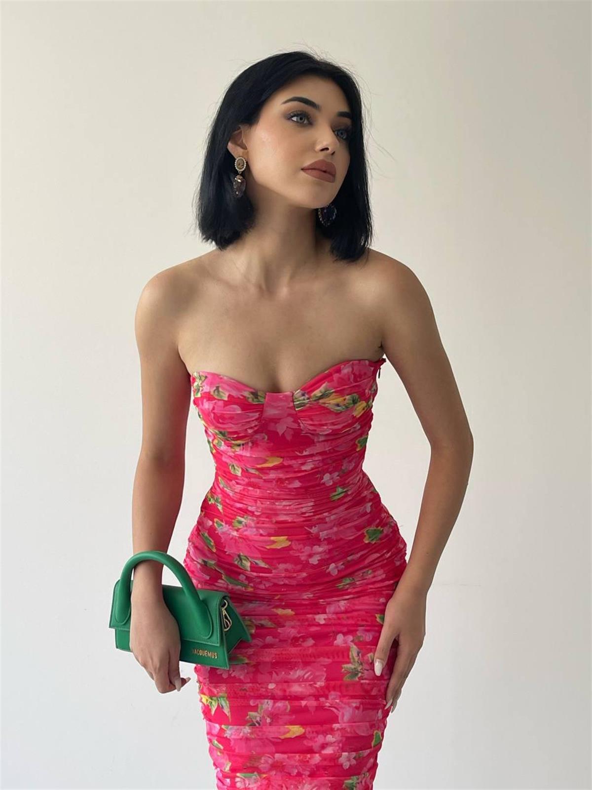 Nessa Strapez Pembe Streç Elbise 