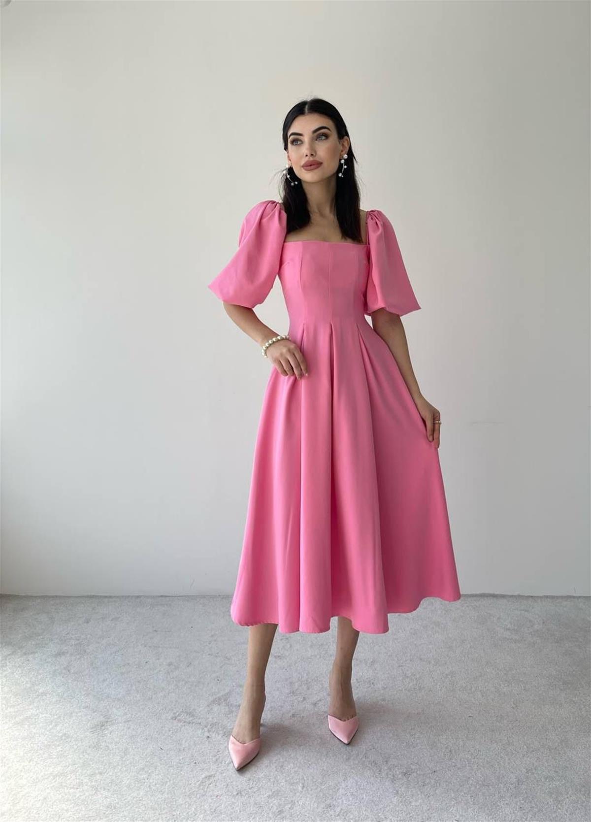 Pembe Benjamin Çan Etekli Midi Boy Elbise 