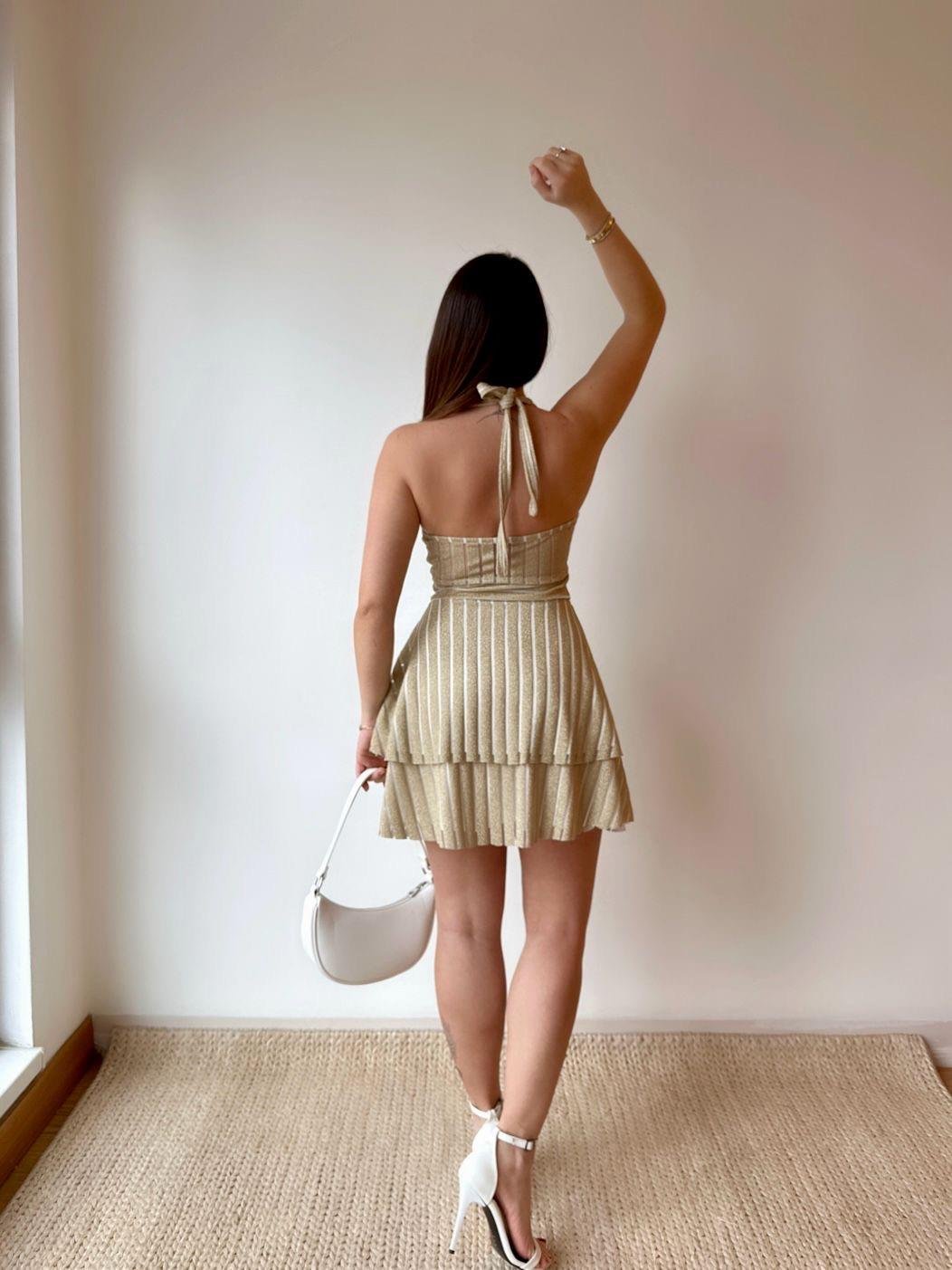 Polly Halter Yaka Mini Sarı Çizgili Elbise  | 