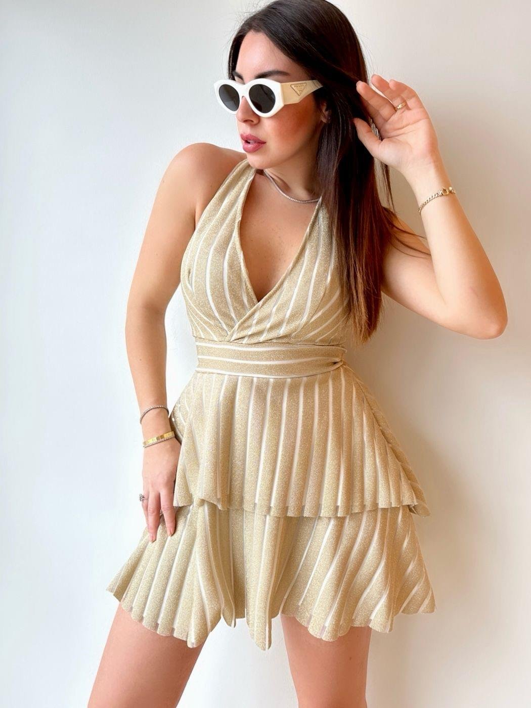 Polly Halter Yaka Mini Sarı Çizgili Elbise  | 