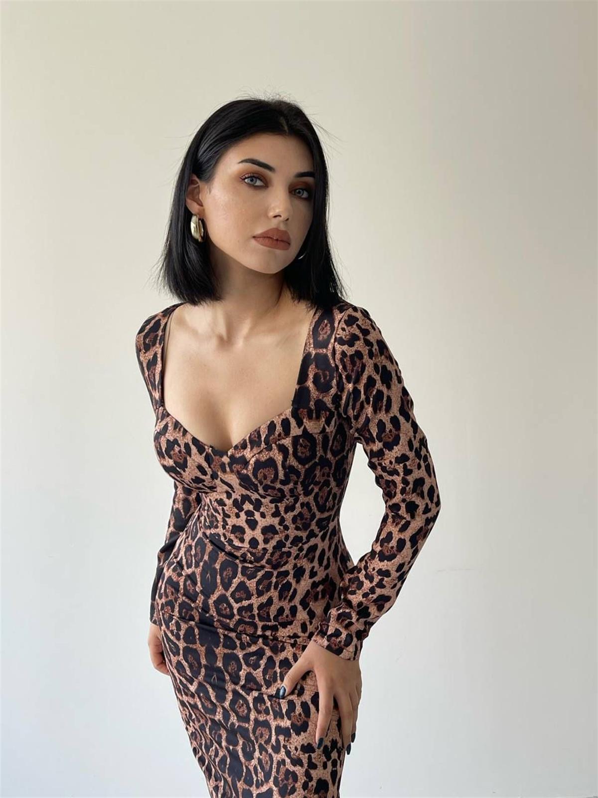 Sarah Uzun Kollu Leopar Elbise