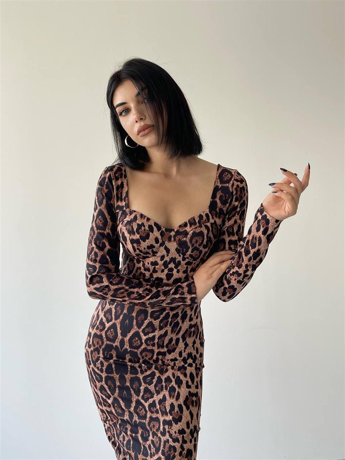 Sarah Uzun Kollu Leopar Elbise