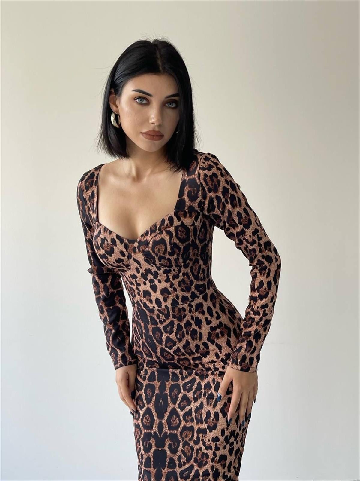 Sarah Uzun Kollu Leopar Elbise