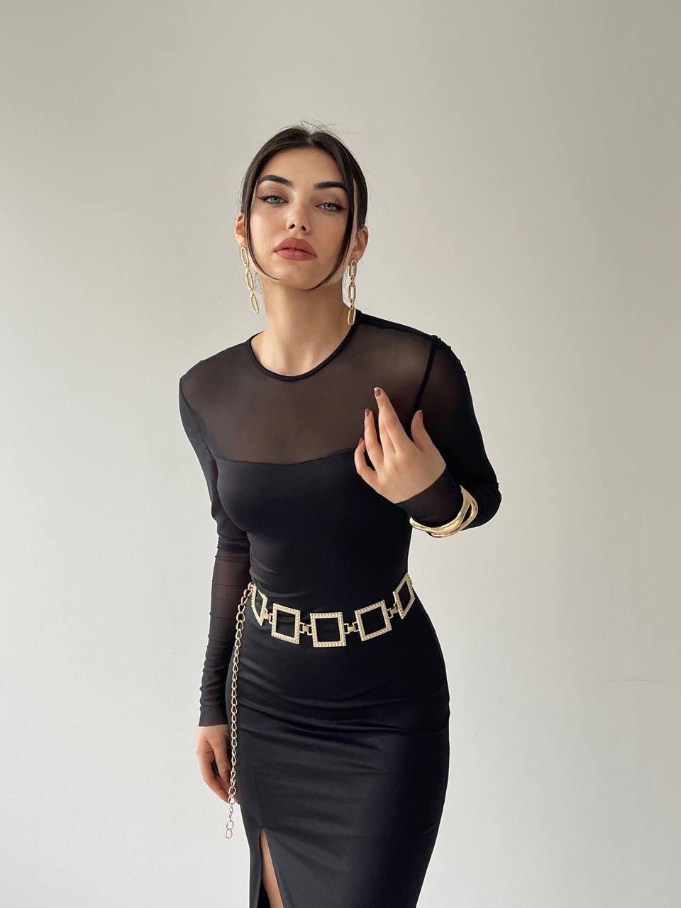 Selin Midi Siyah Tül Detay Yırtmaçlı Elbise | 