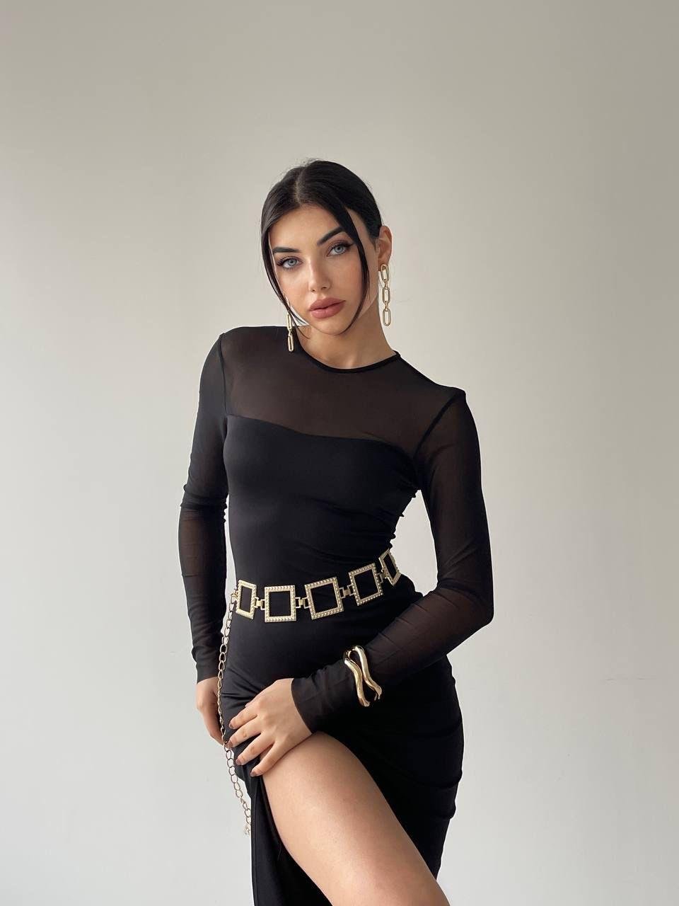 Selin Midi Siyah Tül Detay Yırtmaçlı Elbise | 