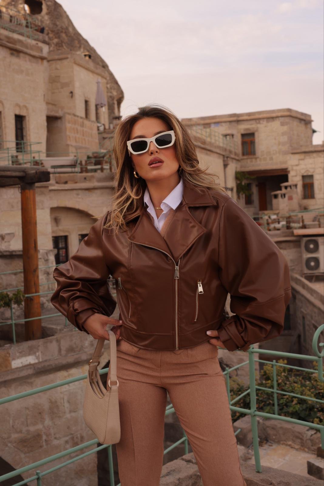 Serra Crop Deri Ceket Kahve