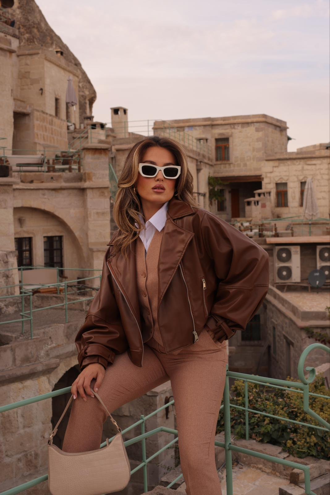 Serra Crop Deri Ceket Kahve