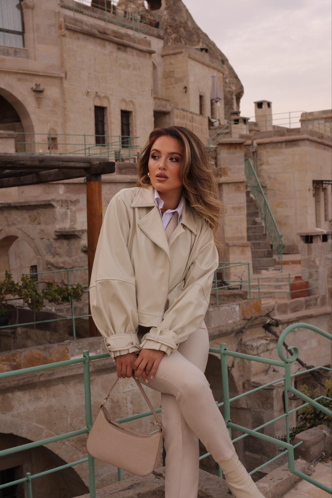 Serra Crop Deri Ceket Krem