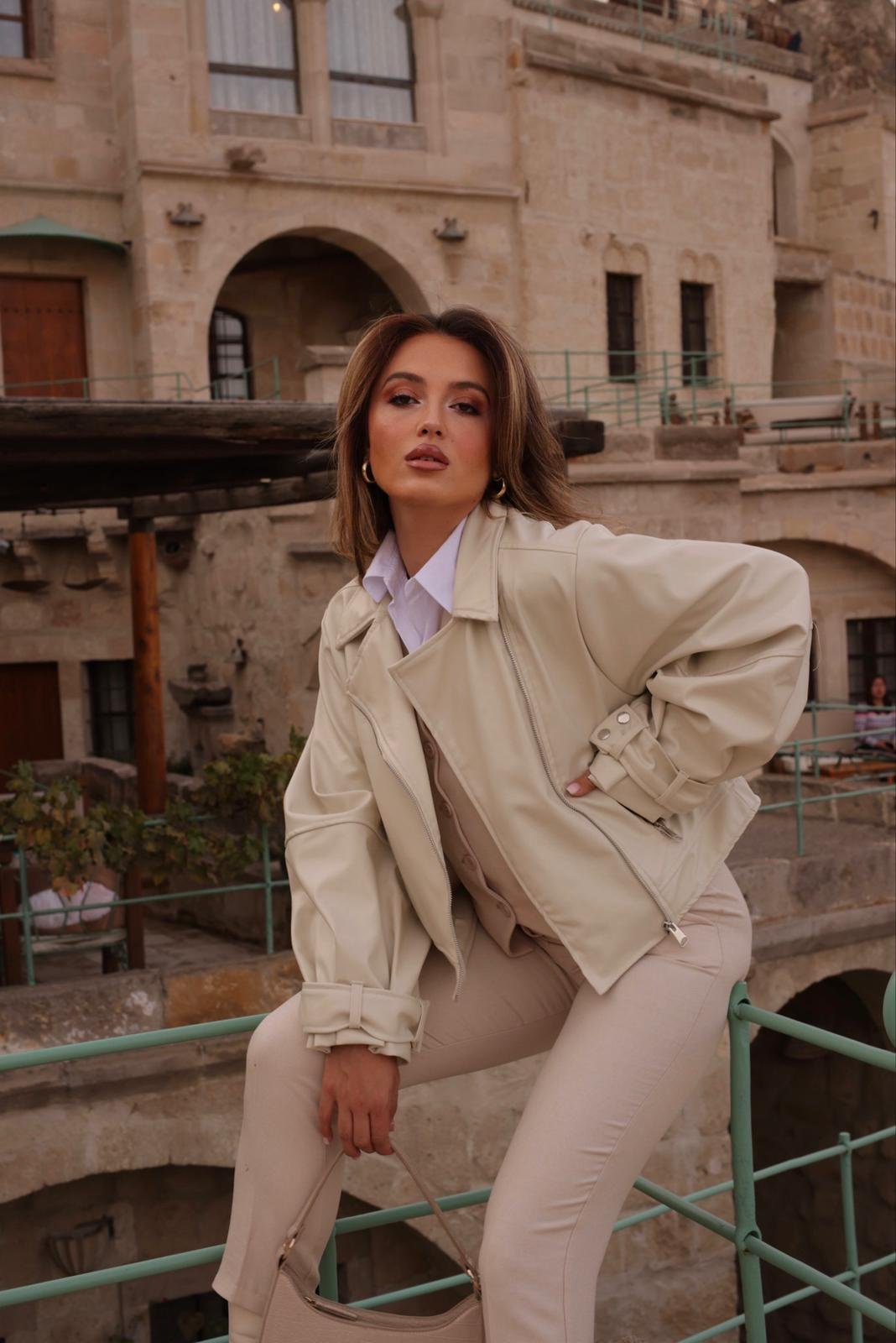 Serra Crop Deri Ceket Krem