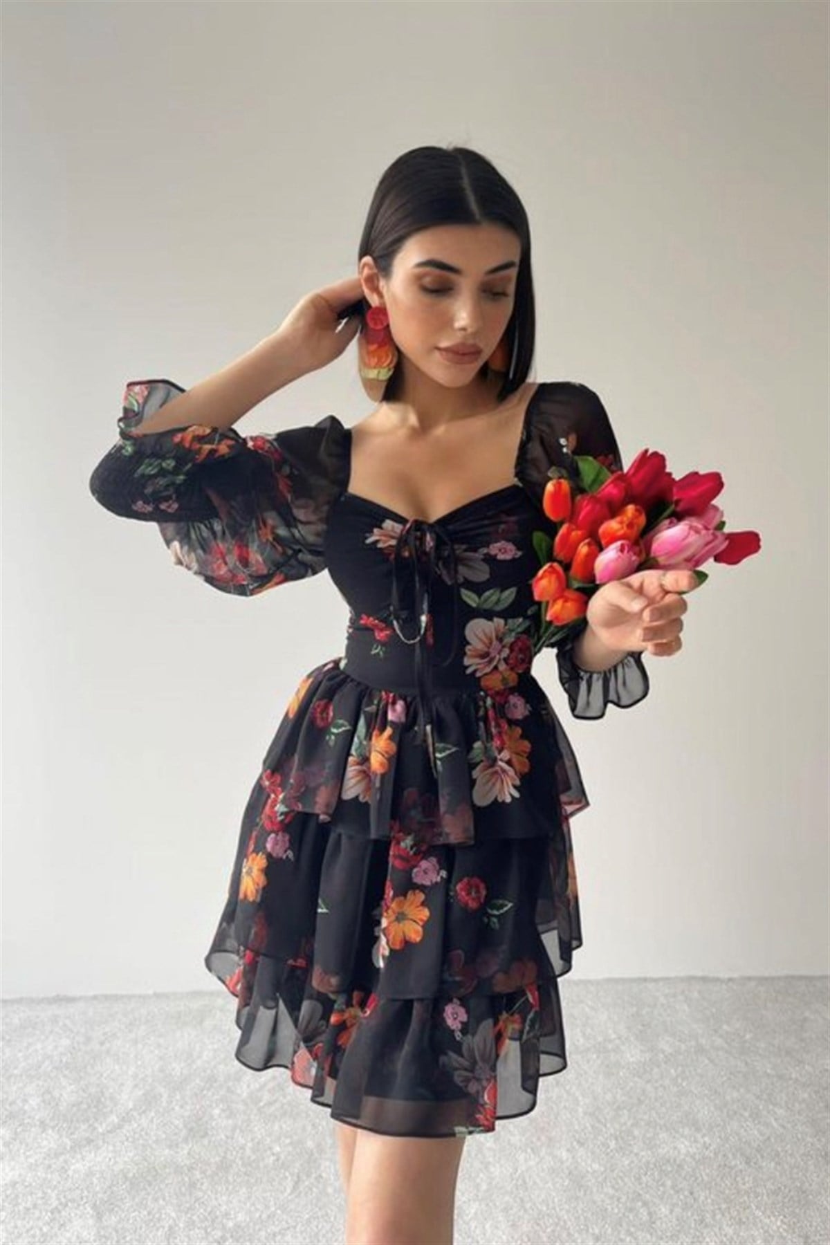 Sifon Çiçekli Askili Elbise