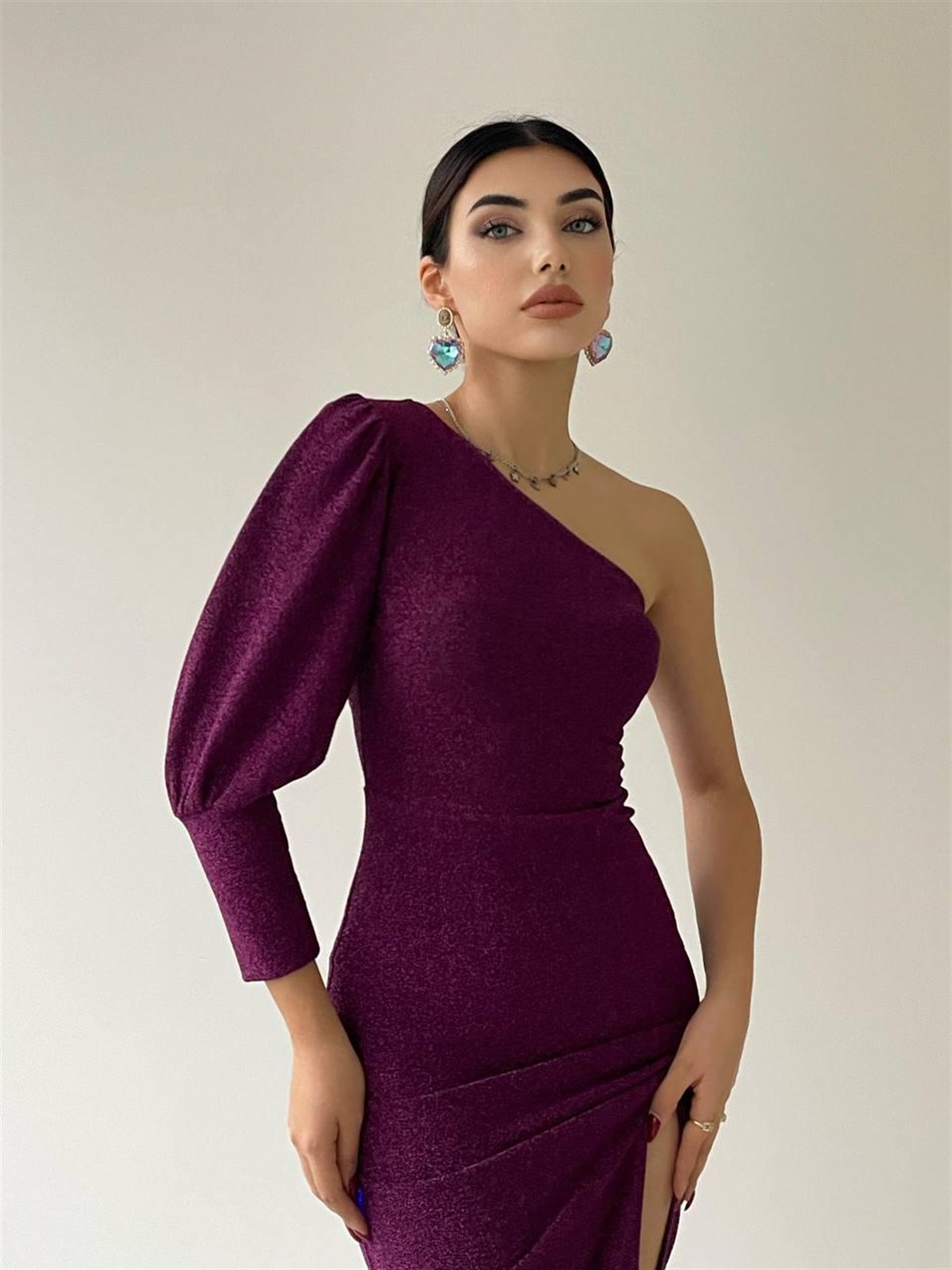 Simli Tek Omuz Elbise 