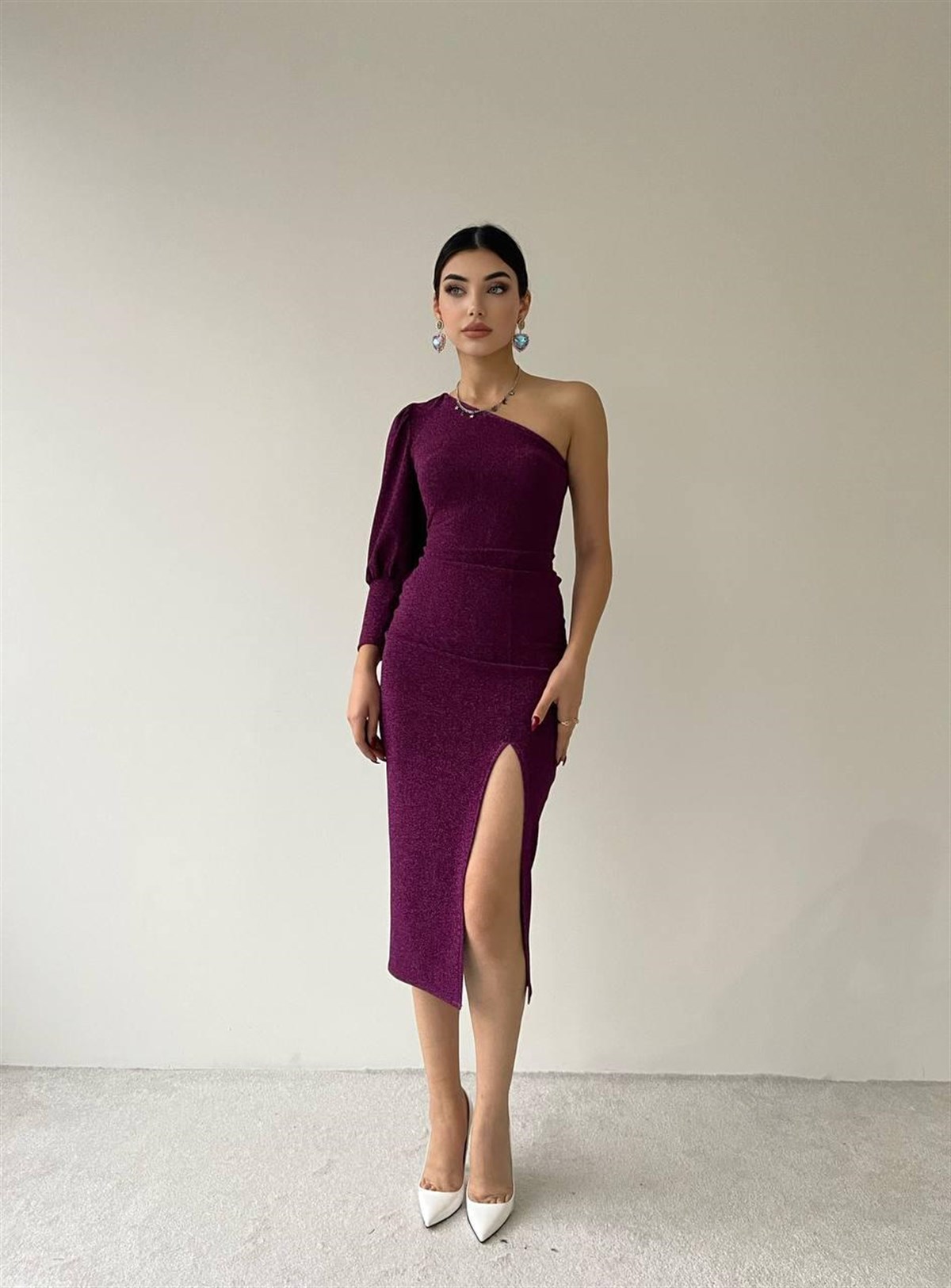 Simli Tek Omuz Elbise 