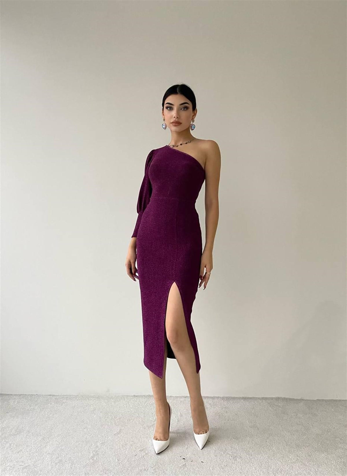 Simli Tek Omuz Elbise 