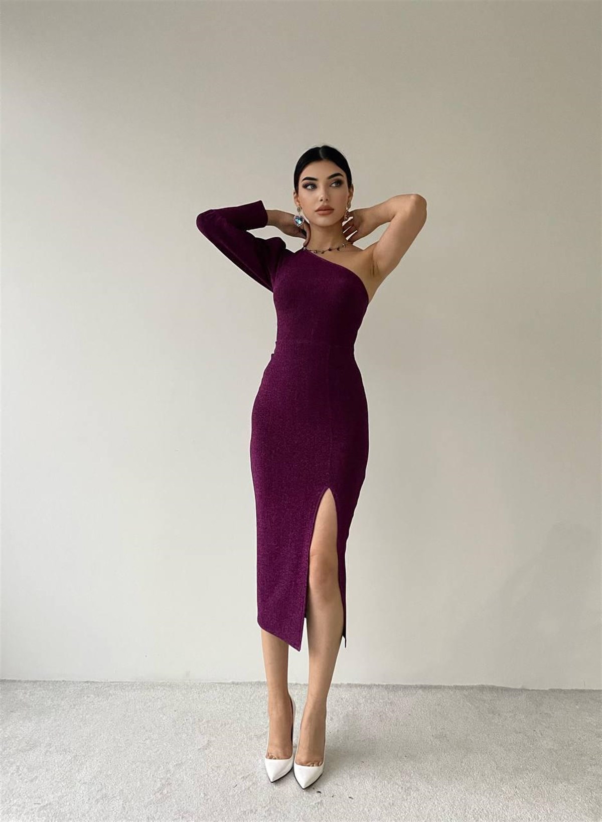 Simli Tek Omuz Elbise 