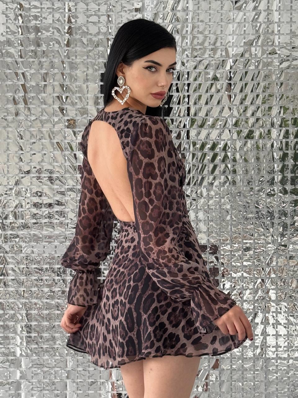Sırt Dekolteli Leopar Şifon Mini Elbise | 