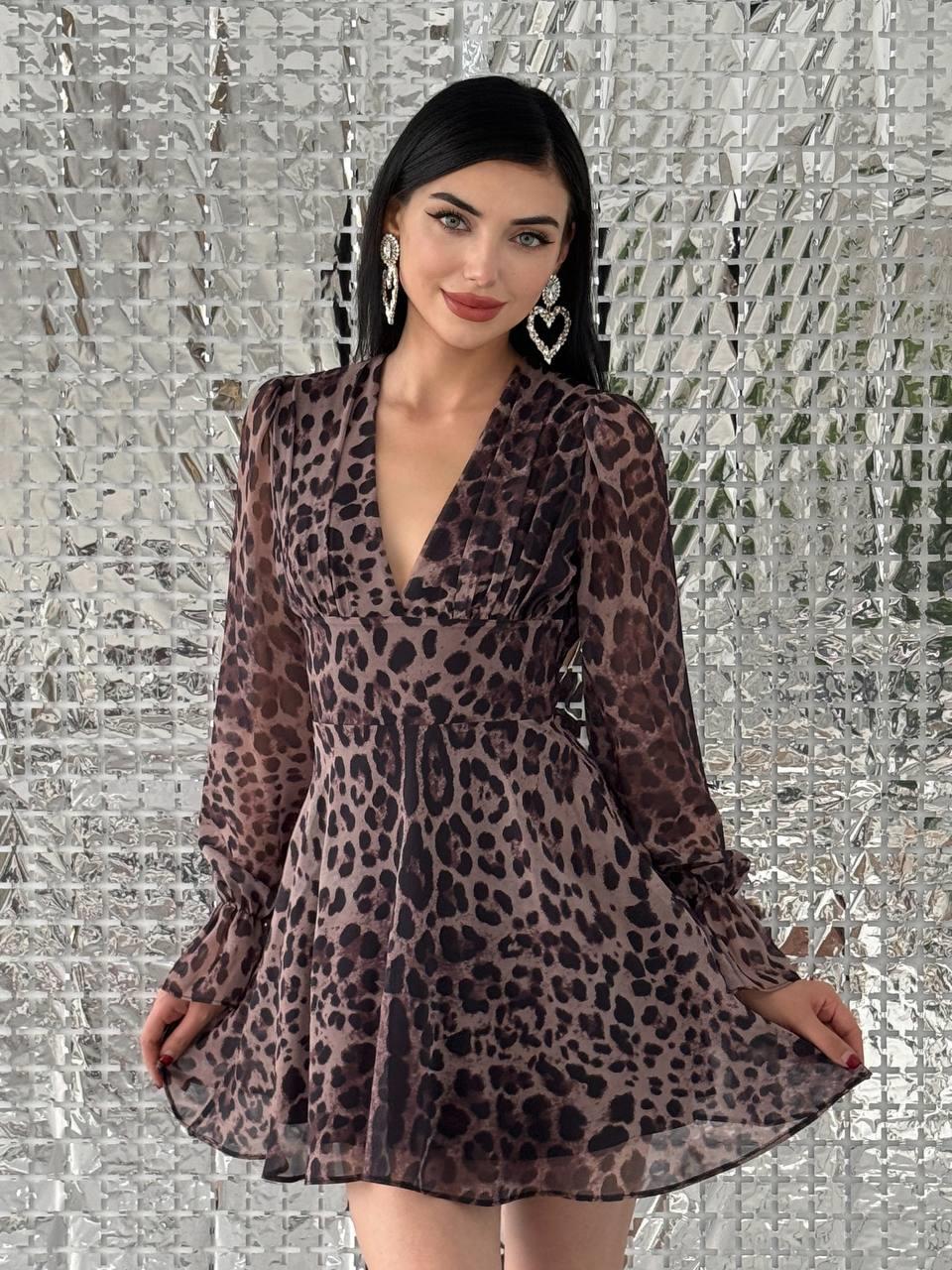 Sırt Dekolteli Leopar Şifon Mini Elbise | 