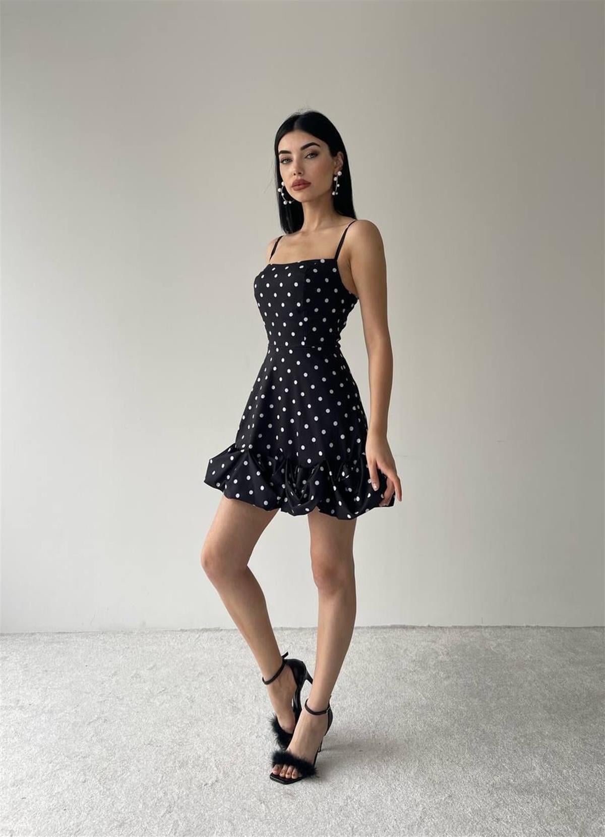 Siyah Puantiyeli Mini Elbise 