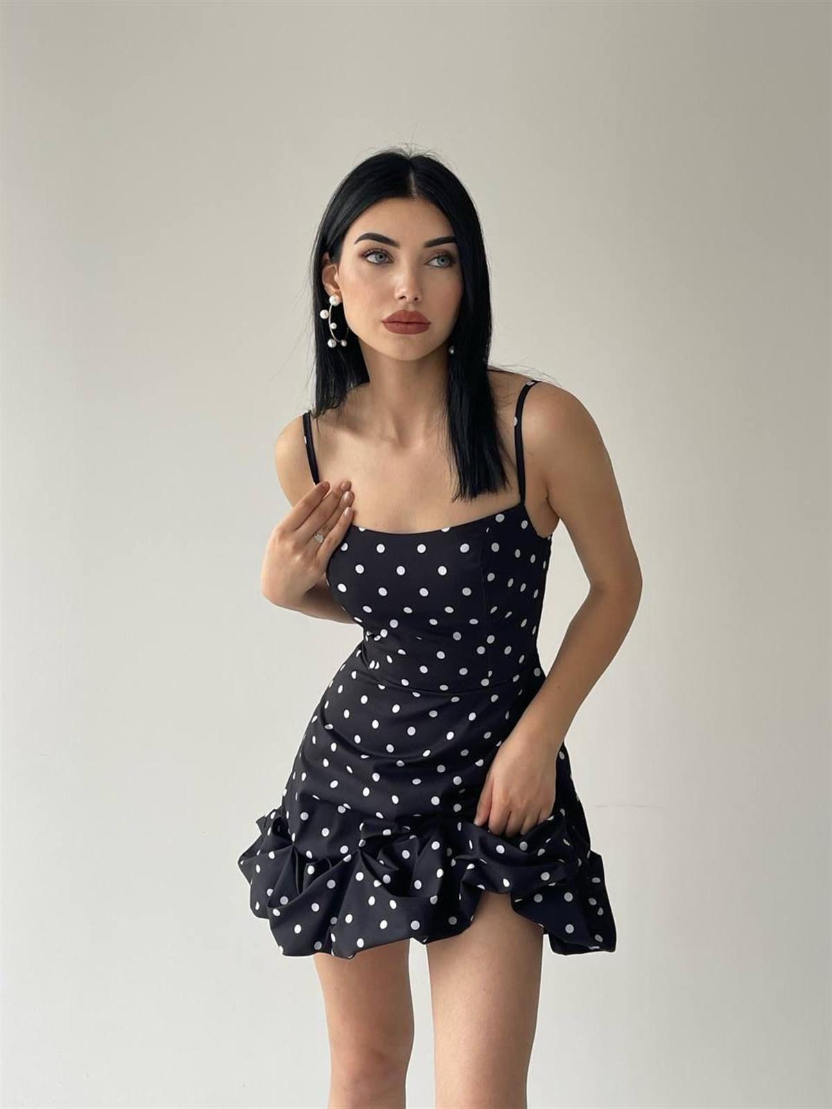 Siyah Puantiyeli Mini Elbise 