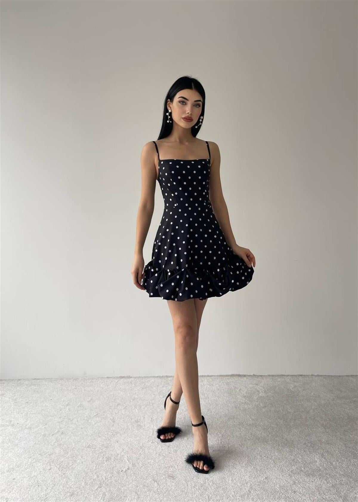 Siyah Puantiyeli Mini Elbise 