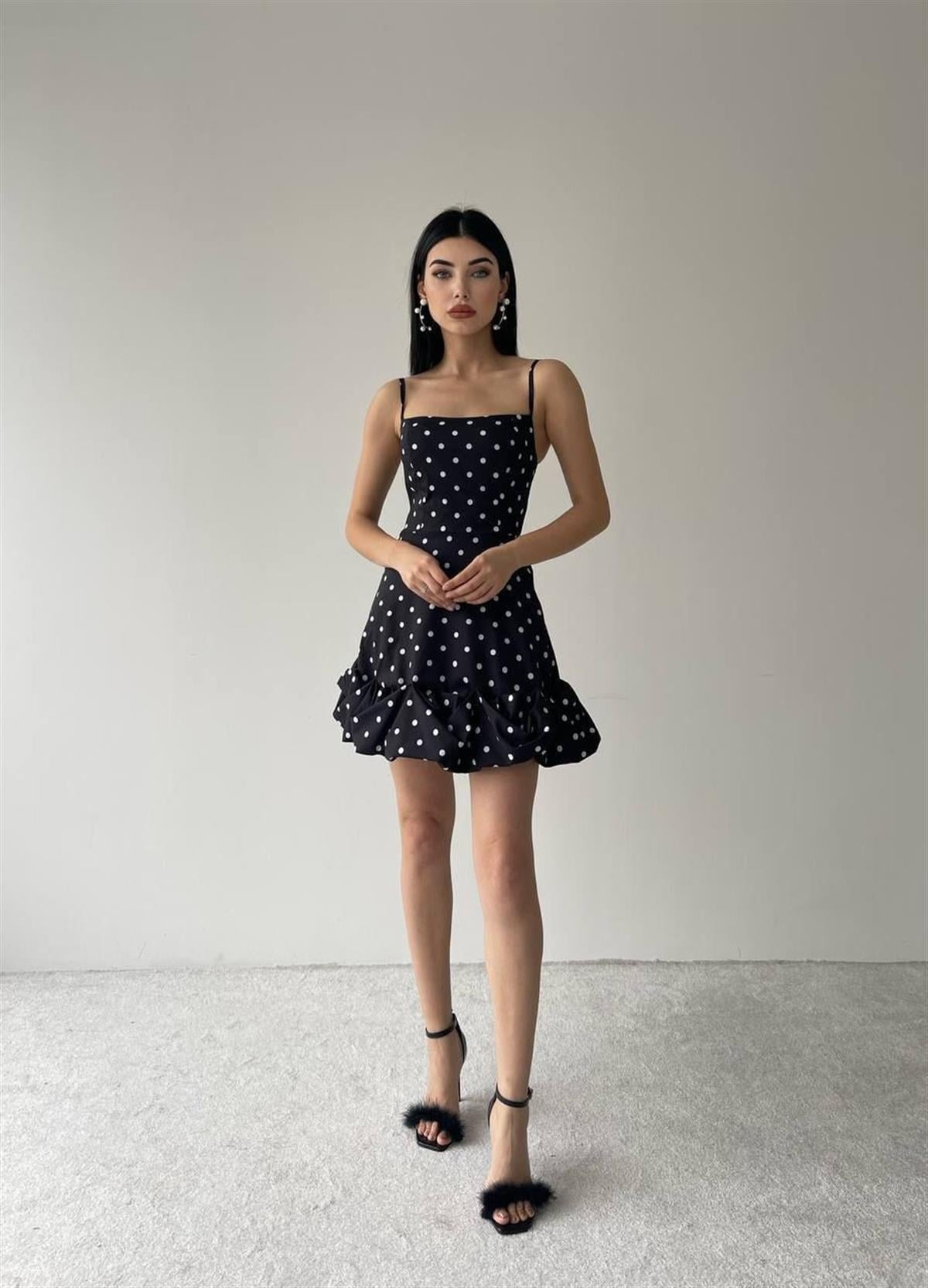 Siyah Puantiyeli Mini Elbise 