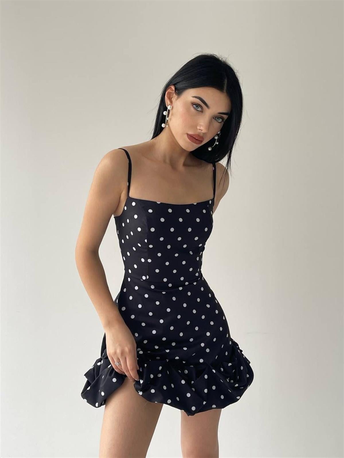 Siyah Puantiyeli Mini Elbise 