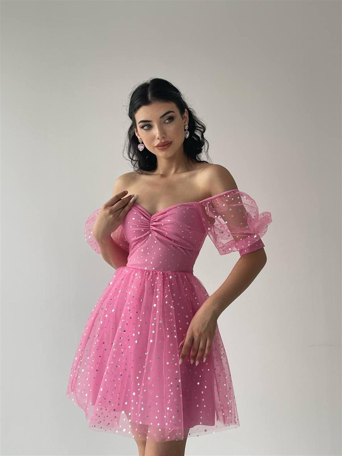 Stella Balon Kol Tül Elbise Pembe 