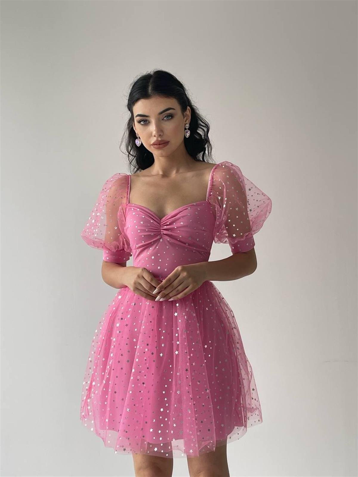 Stella Balon Kol Tül Elbise Pembe 