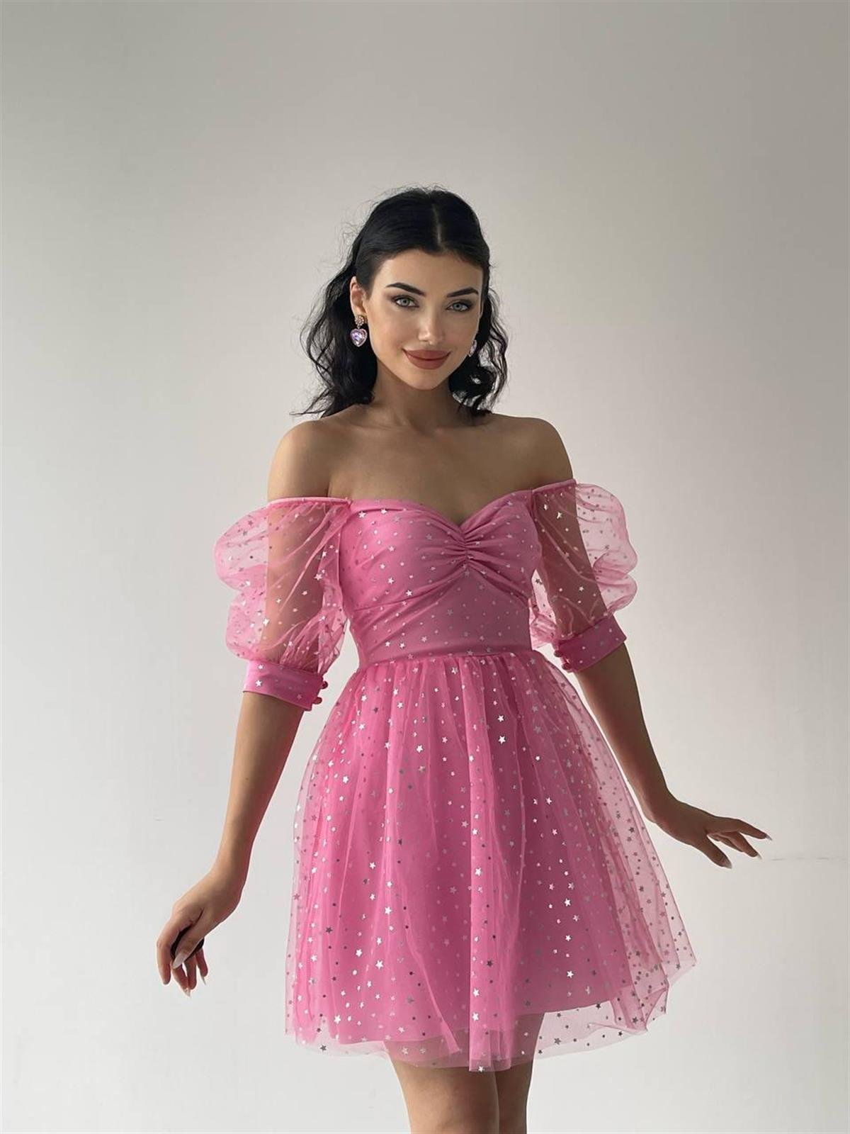 Stella Balon Kol Tül Elbise Pembe 