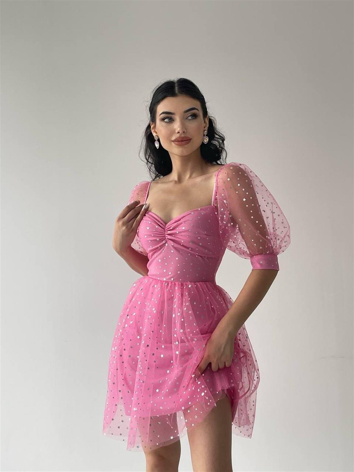 Stella Balon Kol Tül Elbise Pembe 
