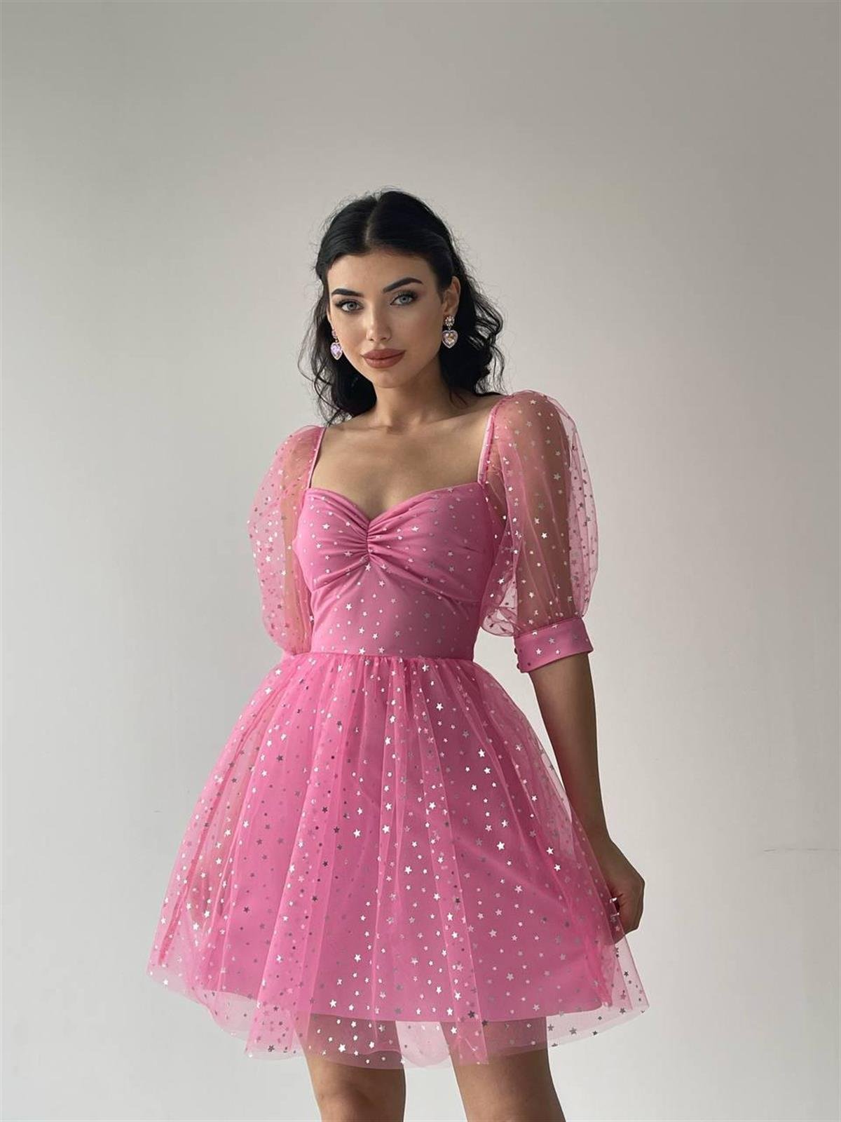 Stella Balon Kol Tül Elbise Pembe 
