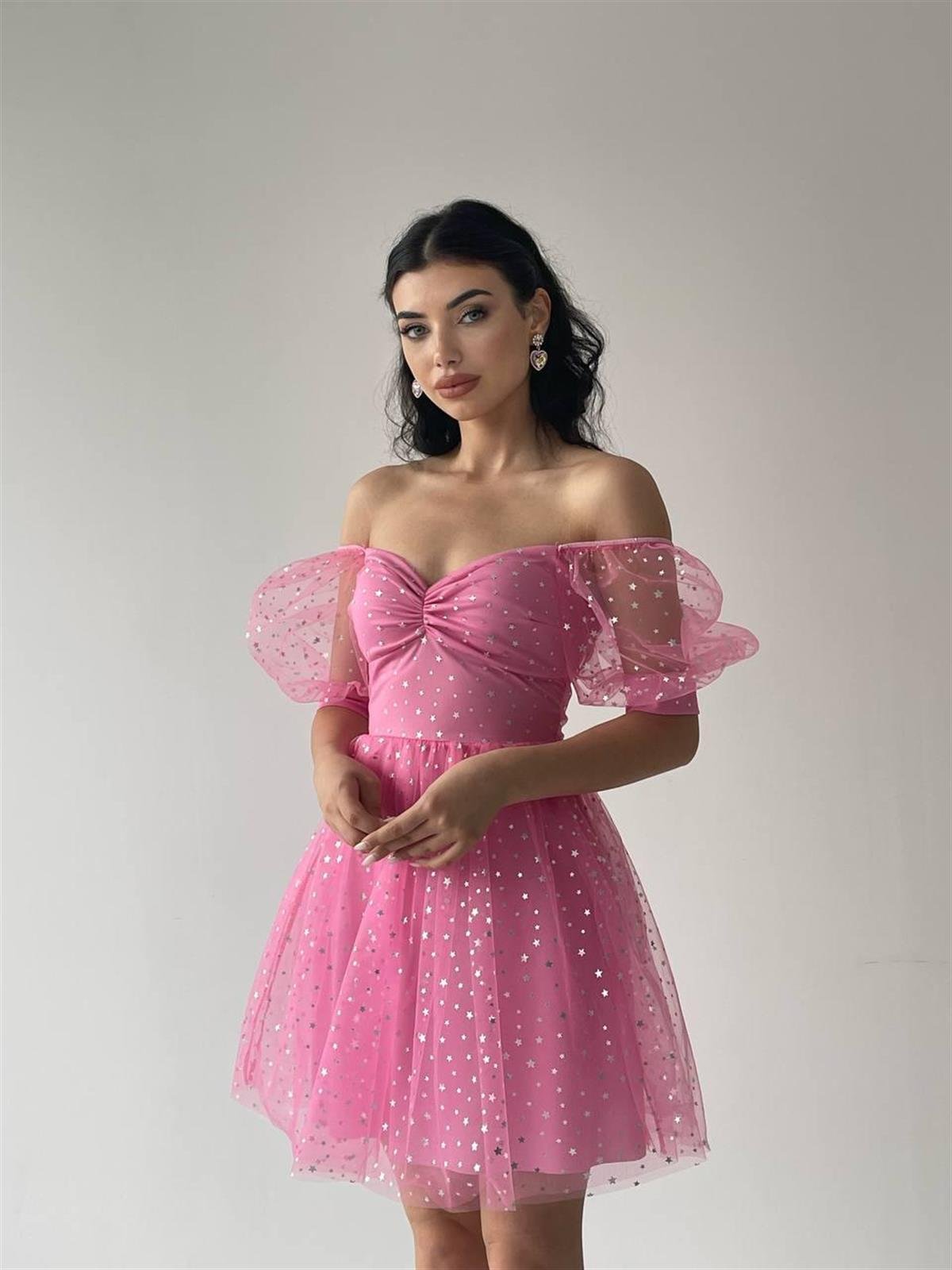 Stella Balon Kol Tül Elbise Pembe 