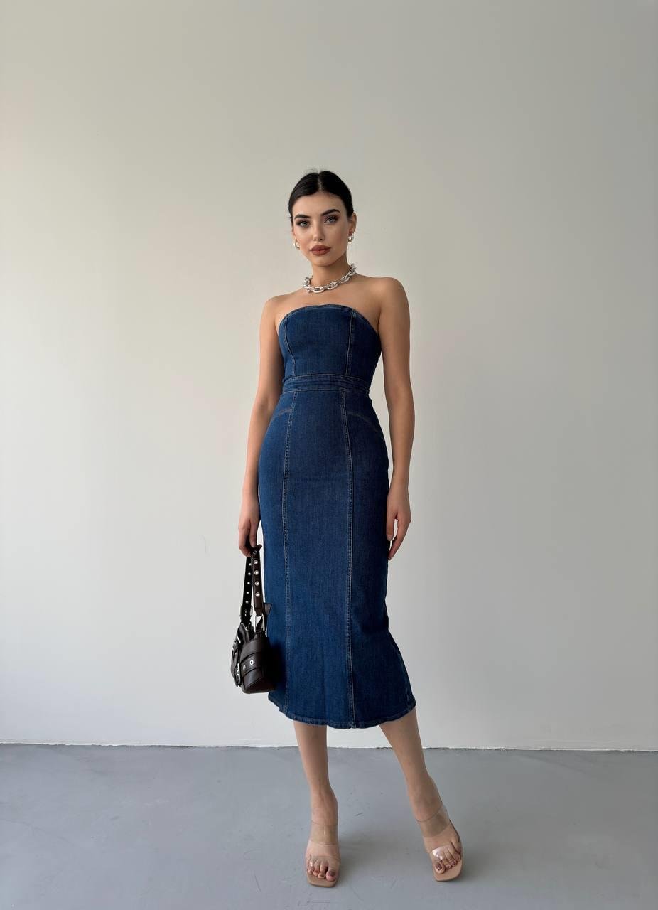 Straple Midi Denim Elbise | 