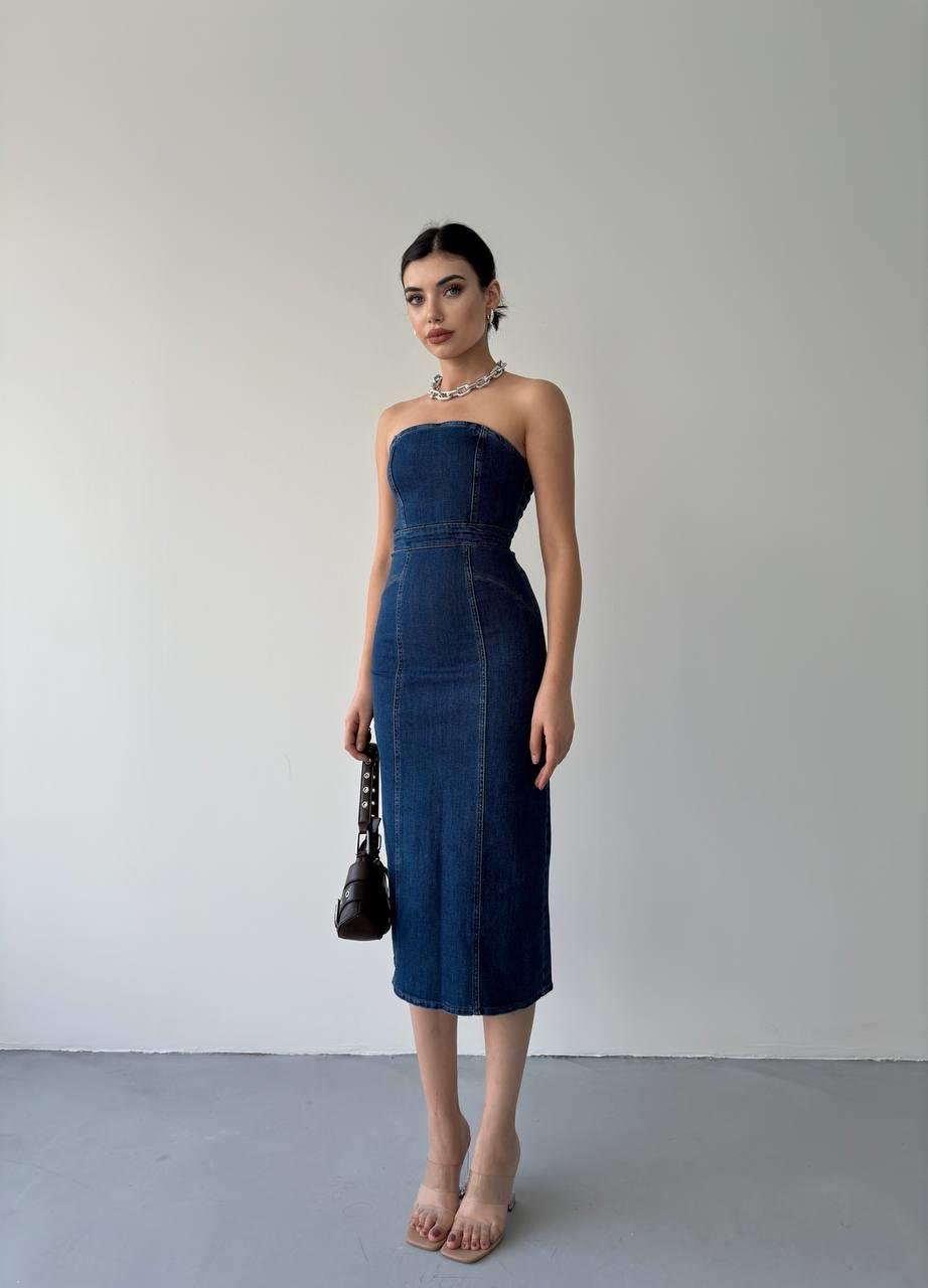 Straple Midi Denim Elbise | 