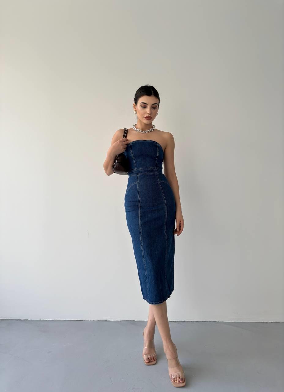 Straple Midi Denim Elbise | 