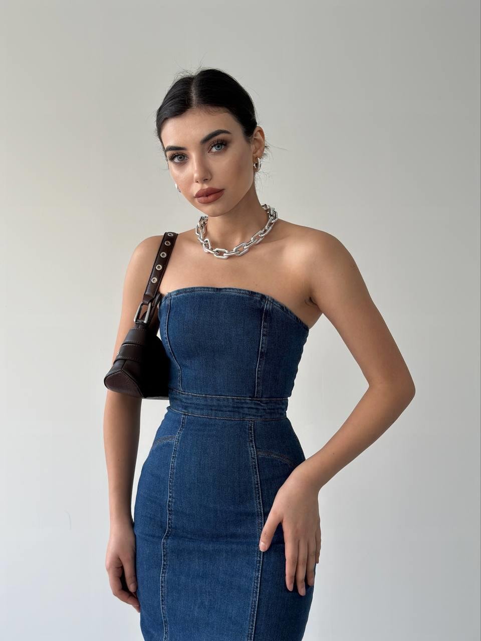 Straple Midi Denim Elbise | 