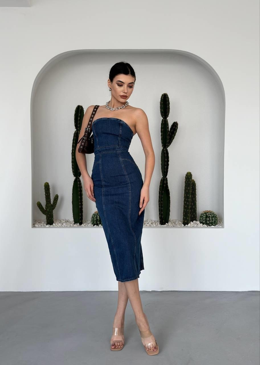 Straple Midi Denim Elbise | 