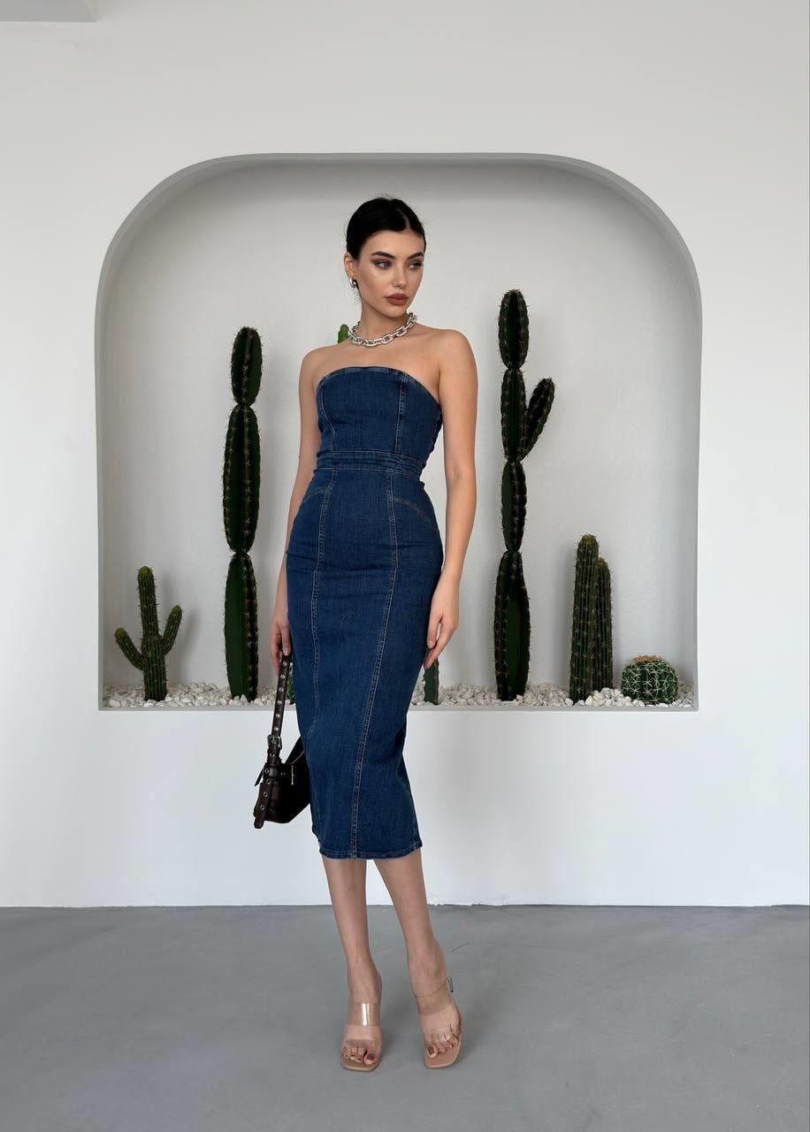 Straple Midi Denim Elbise | 