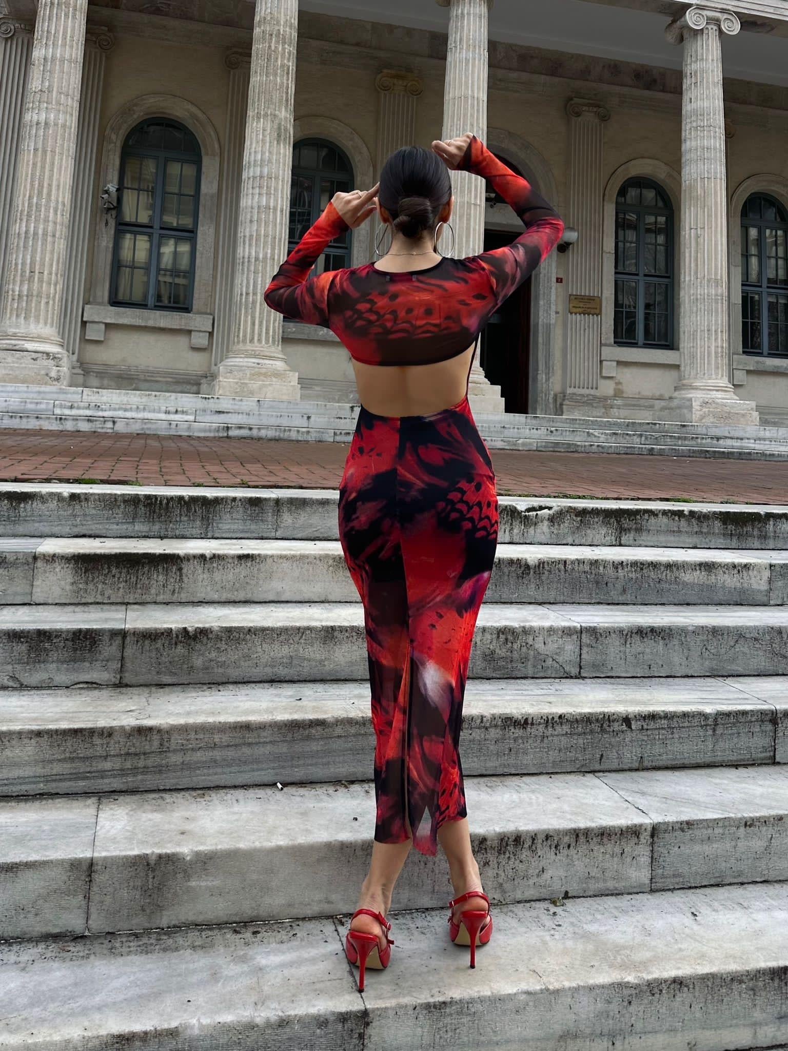 Velvet Midi Sırt Dekolteli Kırmızı Elbise  | 